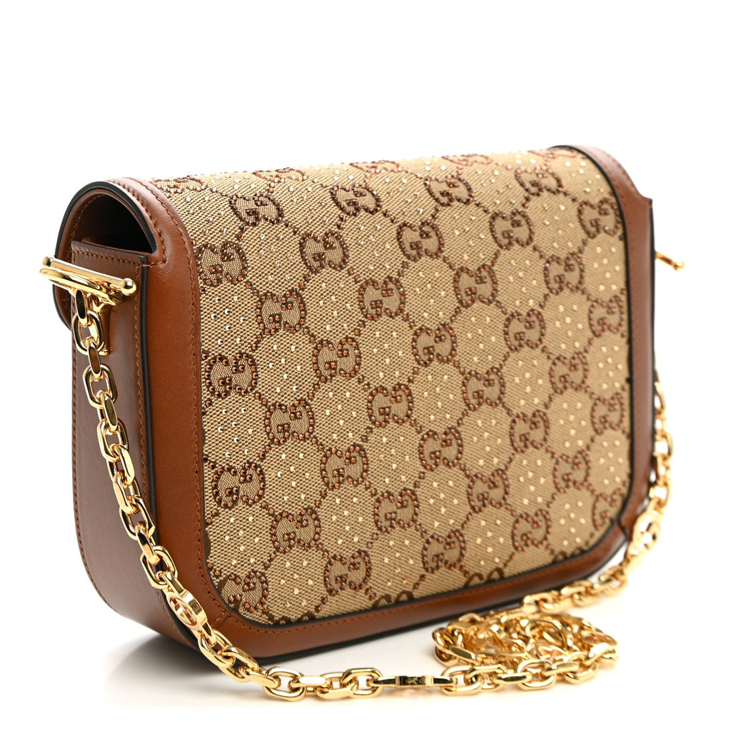 Gucci New Canvas Charisma Calfskin Crystal GG Monogram Mini Horsebit 1955 Shoulder Bag Camel Ebony