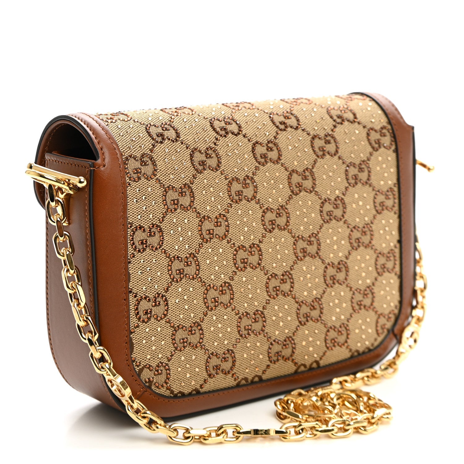 Gucci New Canvas Charisma Calfskin Crystal GG Monogram Mini Horsebit 1955 Shoulder Bag Camel Ebony