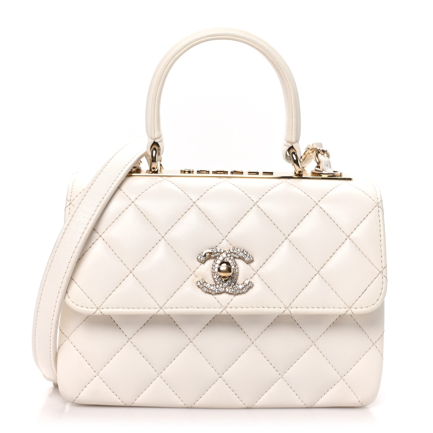 Chanel Lambskin Crystal Quilted Mini Trendy CC Dual Handle Flap Bag White