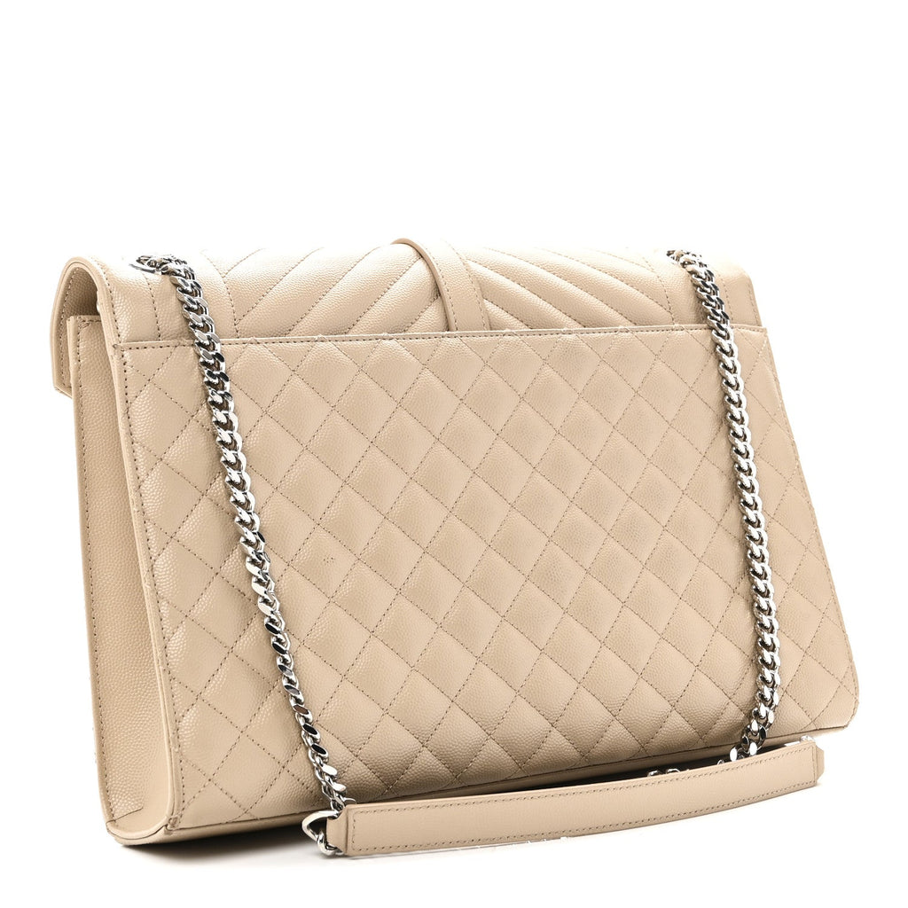 Saint Laurent Grain De Poudre Mixed Matelasse Large Triquilt Monogram Satchel Dark Beige