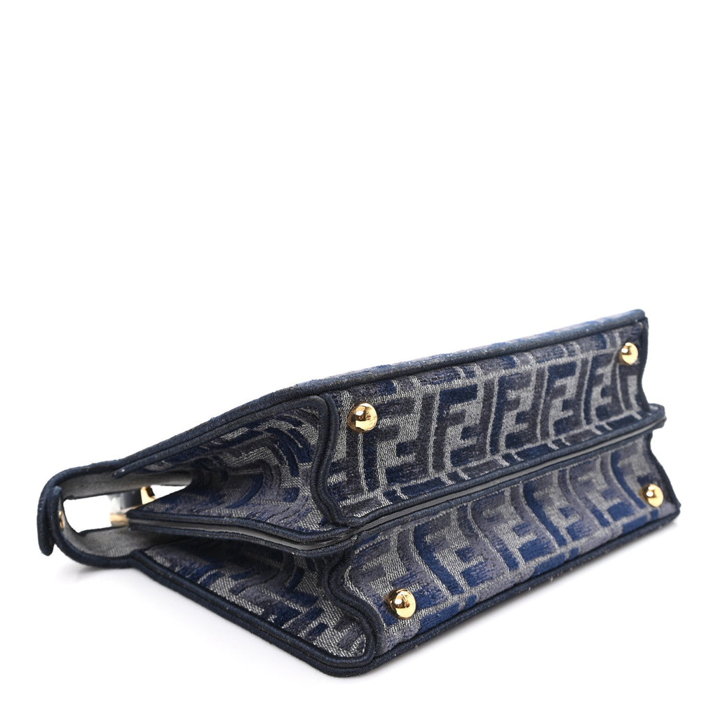 Fendi Chenille Vitello Seta FF Small Peekaboo I SEE U Satchel Grigio Blue Notte