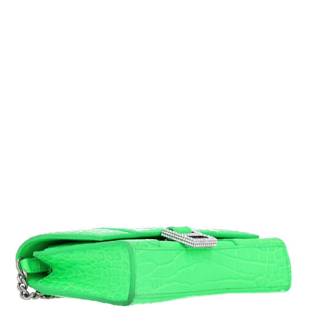 Balenciaga Shiny Calfskin Strass Crocodile Embossed Hourglass Chain Bag Fluo Green