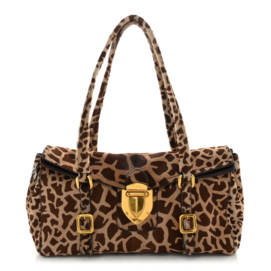Prada Calf Hair Cavallino Giraffe Print Easy Foldover Pushlock Satchel Sabbia Moro
