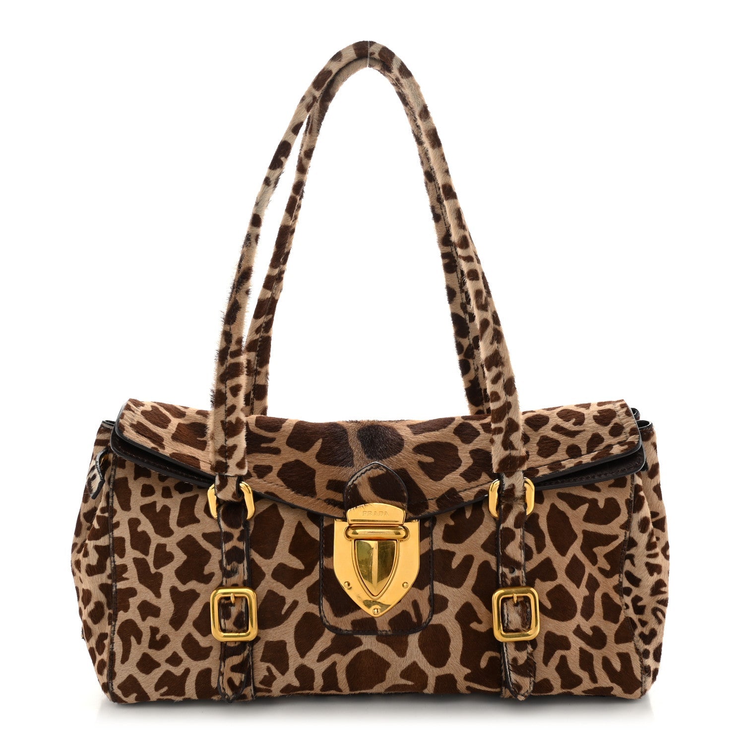 Prada Calf Hair Cavallino Giraffe Print Easy Foldover Pushlock Satchel Sabbia Moro