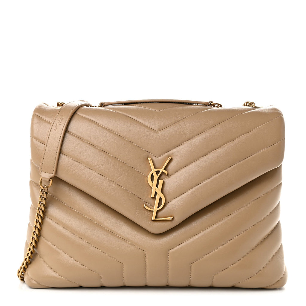 Saint Laurent Calfskin Y Quilted Monogram Medium Loulou Chain Satchel Dark Latte