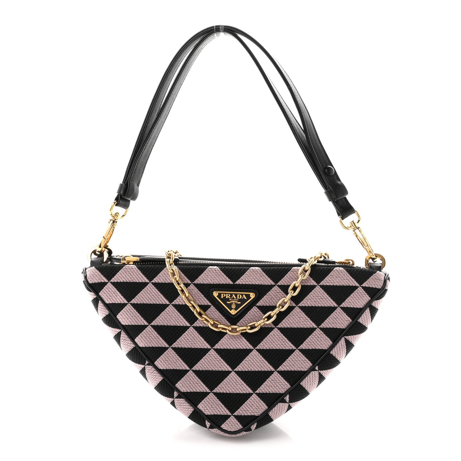 Prada Jacquard Calfskin Triangolo Symbole Embroidered Mini Triangle Double Bag Black Alabastro
