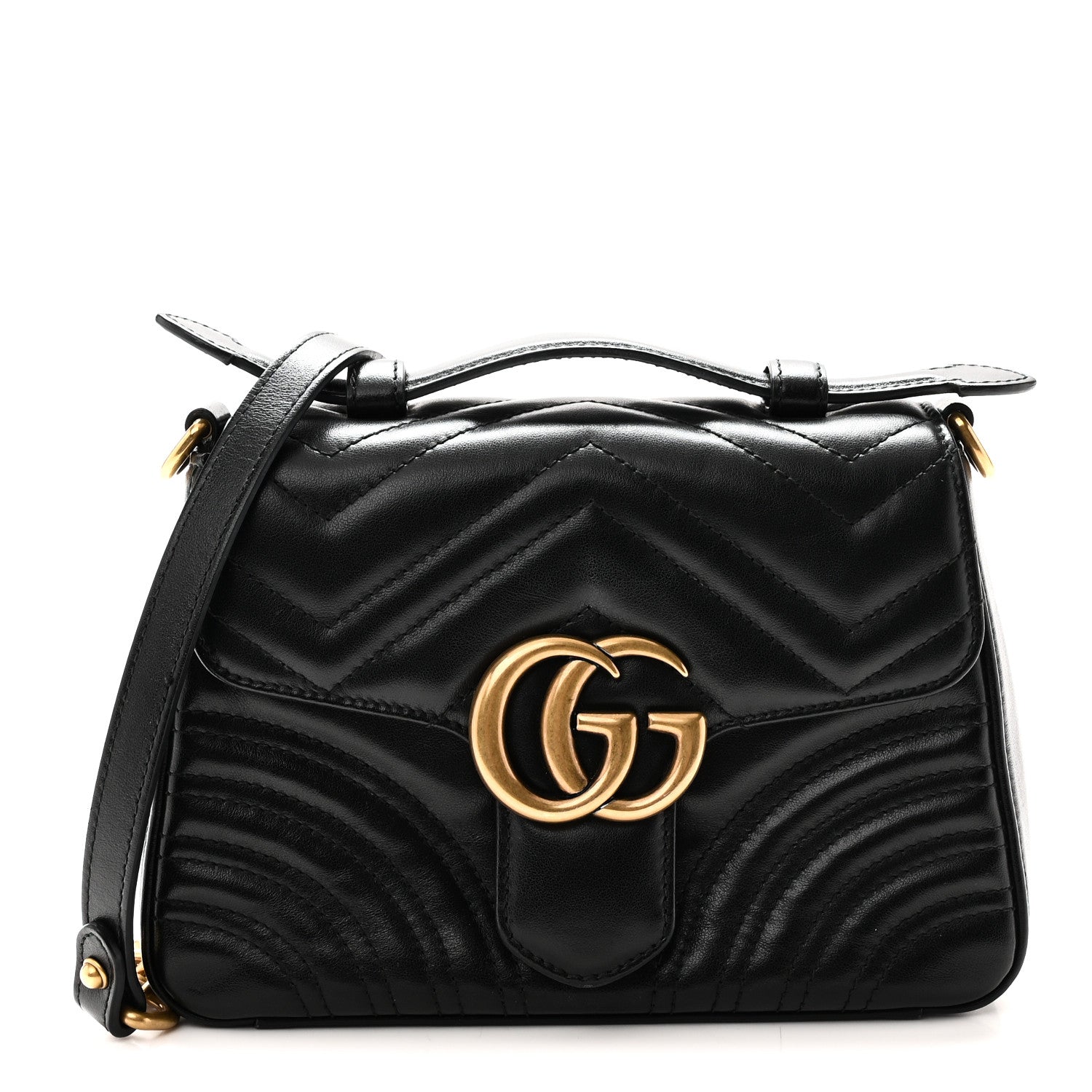 Gucci Calfskin Matelasse Mini GG Marmont Top Handle Shoulder Bag Black