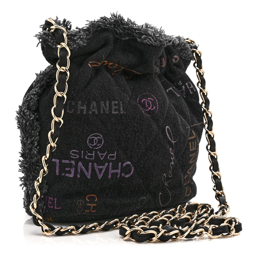 Chanel Denim Quilted Mood Small Bucket With Chain Black Multicolor