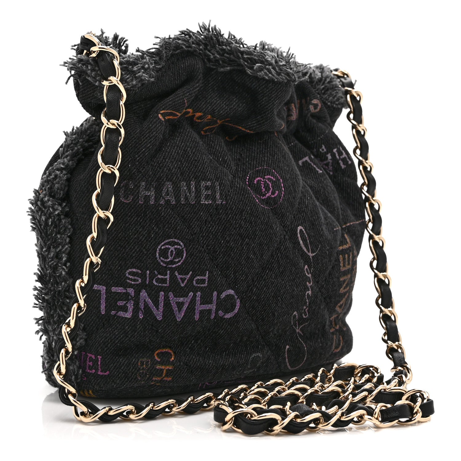 Chanel Denim Quilted Mood Small Bucket With Chain Black Multicolor