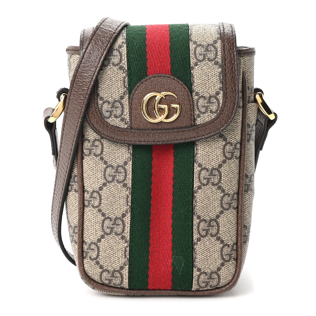 Gucci GG Supreme Monogram Web Ophidia Phone Crossbody Bag Beige New Acero