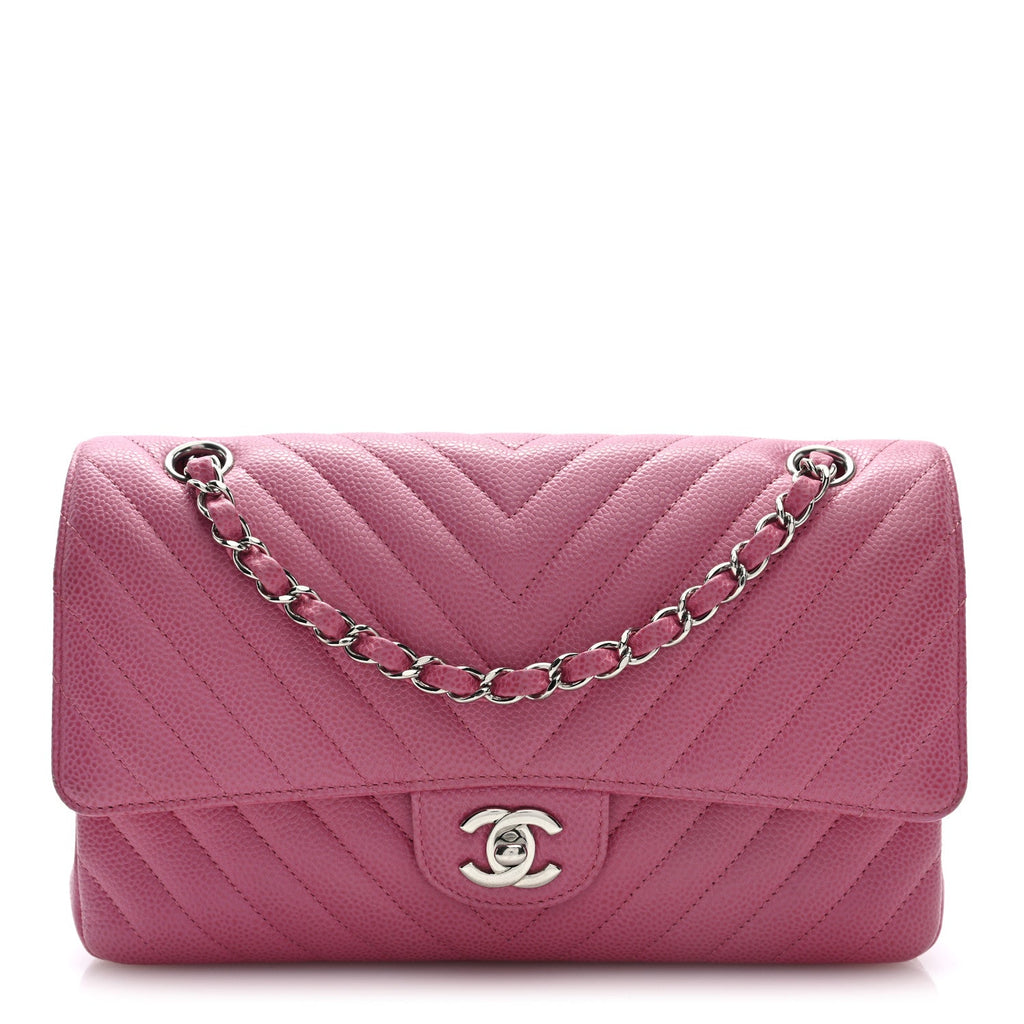 Chanel Caviar Chevron Quilted Medium Double Flap Pink