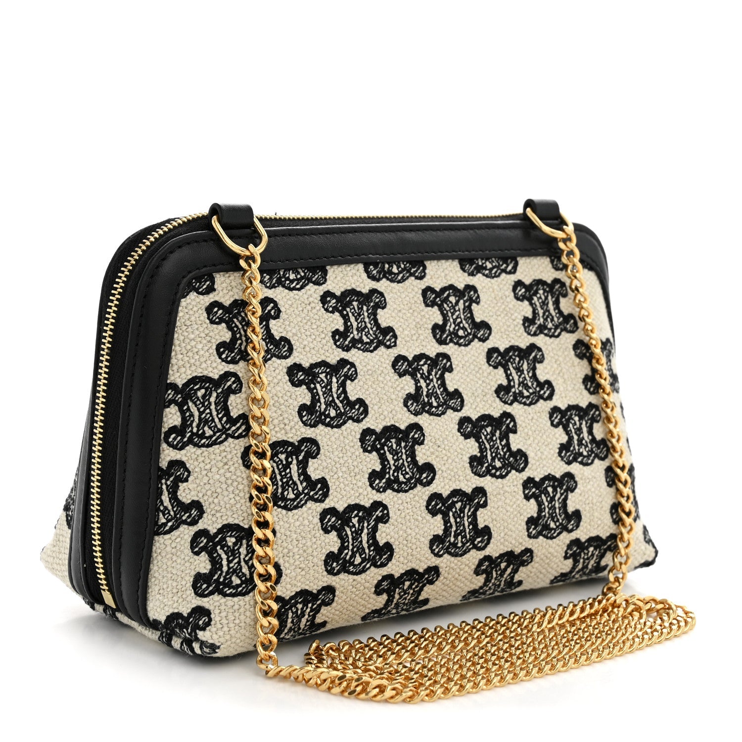 Celine Canvas Calfskin Triomphe Embroidered Clutch On Chain Black