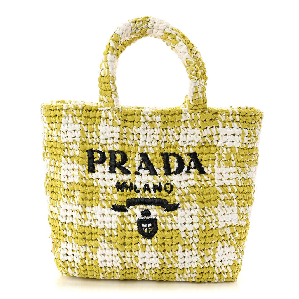 Prada Yarn Raffia Effect Crochet Embroidered Small Logo Tote Citron Yellow