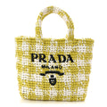 Prada Yarn Raffia Effect Crochet Embroidered Small Logo Tote Citron Yellow