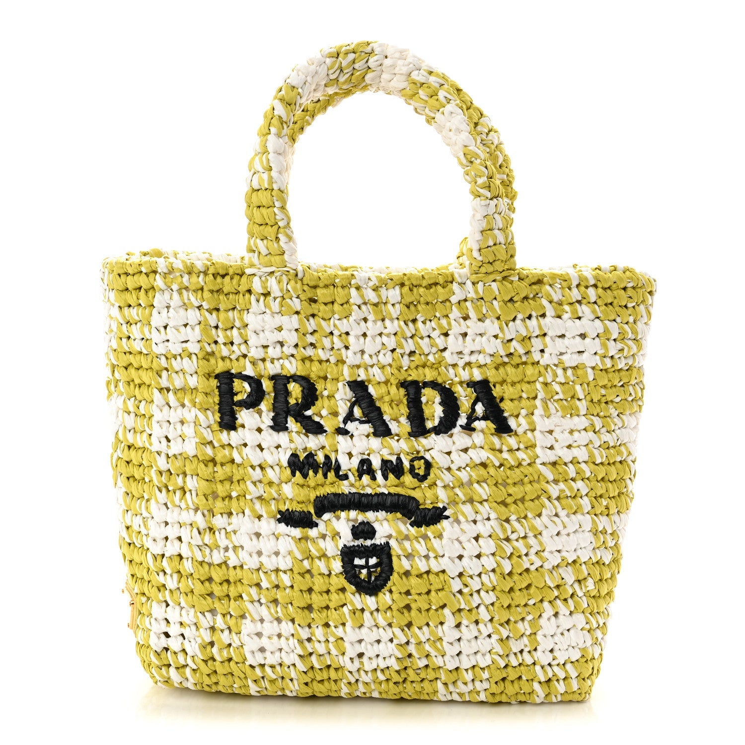 Prada Yarn Raffia Effect Crochet Embroidered Small Logo Tote Citron Yellow