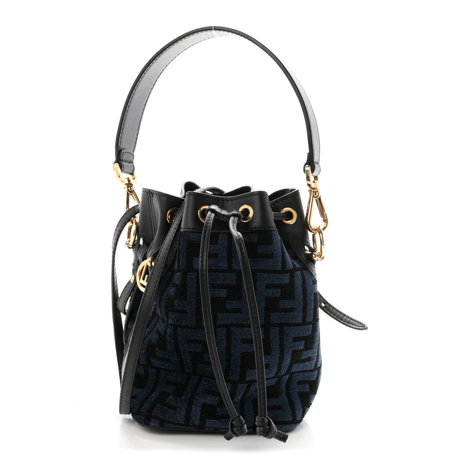 Fendi Chenille Vitello King FF Mini Mon Tresor Bucket Bag Blue Black