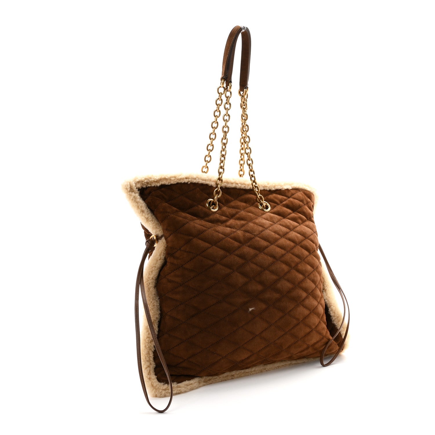 Saint Laurent Suede Shearling Quilted Le Pochon Dark Sigaro Natural Beige