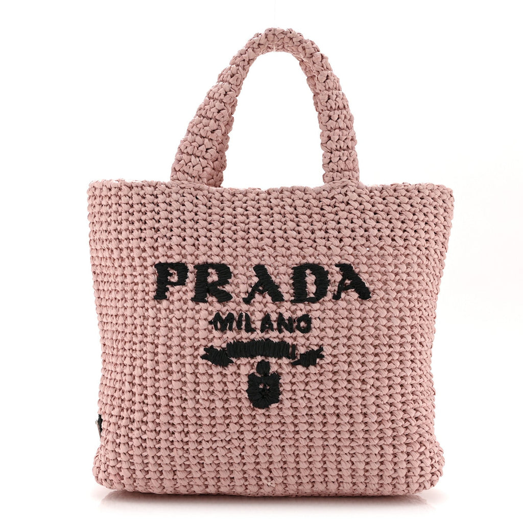 Prada Yarn Raffia Effect Crochet Small Logo Tote Alabastro