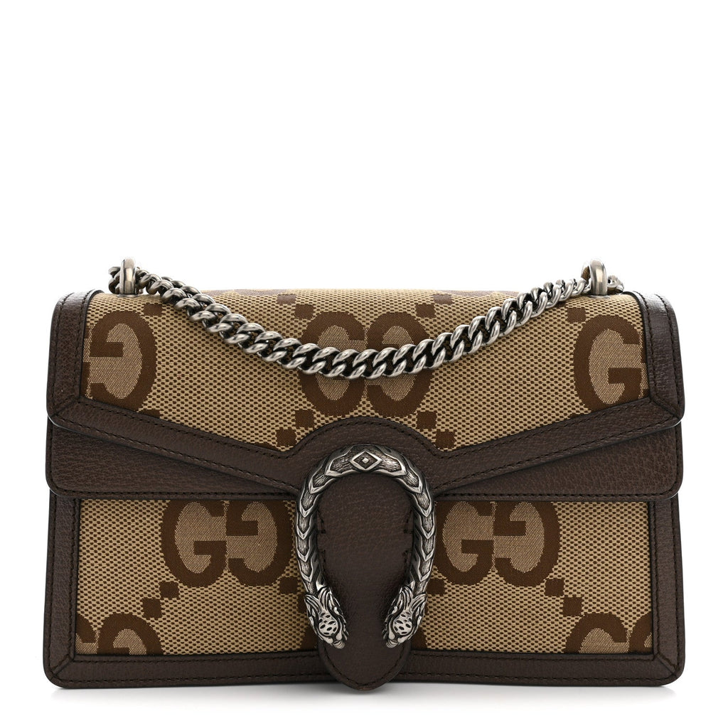 Gucci Monogram Jumbo GG Textured Dollar Calfskin Small Dionysus Shoulder Bag Camel Ebony New Acero