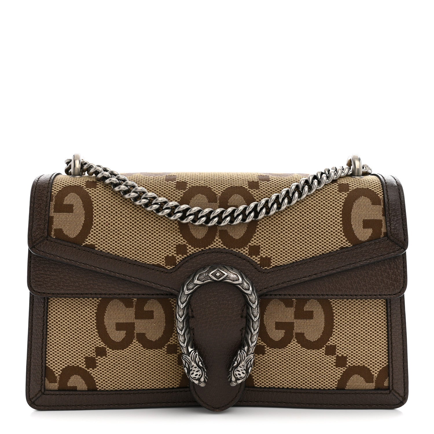 Gucci Monogram Jumbo GG Textured Dollar Calfskin Small Dionysus Shoulder Bag Camel Ebony New Acero