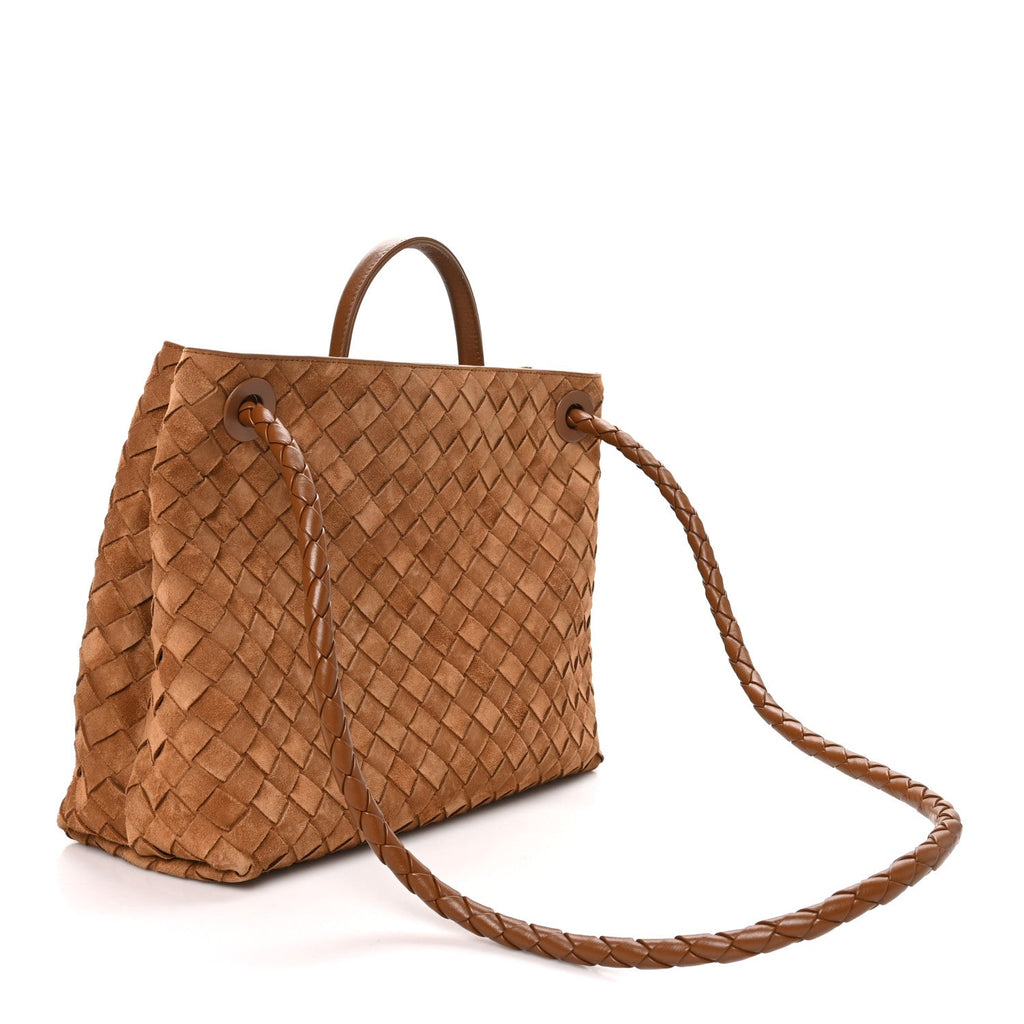 Bottega Veneta Suede Shearling Intrecciato Medium Andiamo Shoulder Bag Amber
