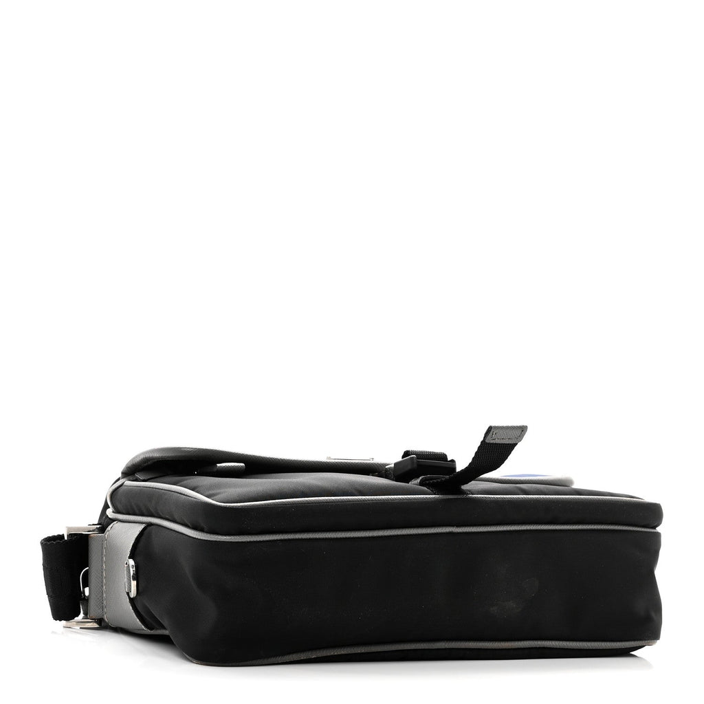 Prada Tessuto Nylon Saffiano Pocket Single Snap Buckle Messenger Flap Bag Black Bleuette Marmo