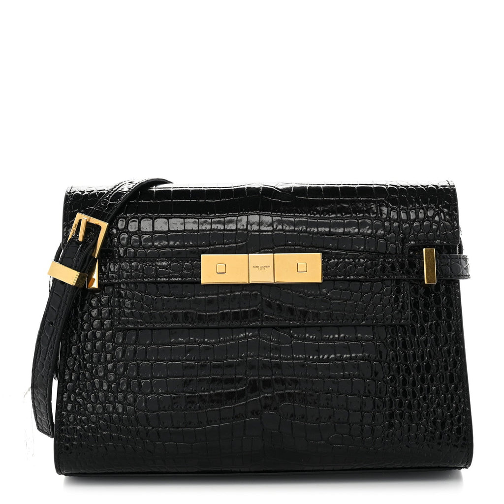 Saint Laurent Shiny Calfskin Crocodile Embossed Small Manhattan Baguette Black