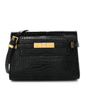 Saint Laurent Shiny Calfskin Crocodile Embossed Small Manhattan Baguette Black