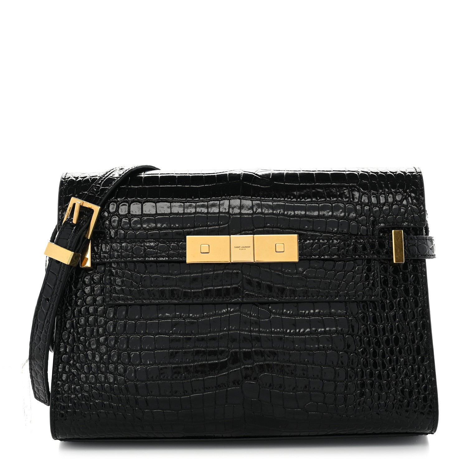 Saint Laurent Shiny Calfskin Crocodile Embossed Small Manhattan Baguette Black