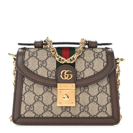Gucci GG Supreme Monogram Textured Dollar Calfskin Web Mini Ophidia Padlock Top Handle Chain Shoulder Bag Beige Ebony New Acero