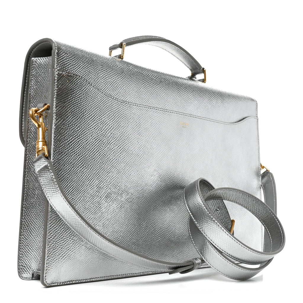 Celine Grained Calfskin Cartable Medium Briefcase Silver