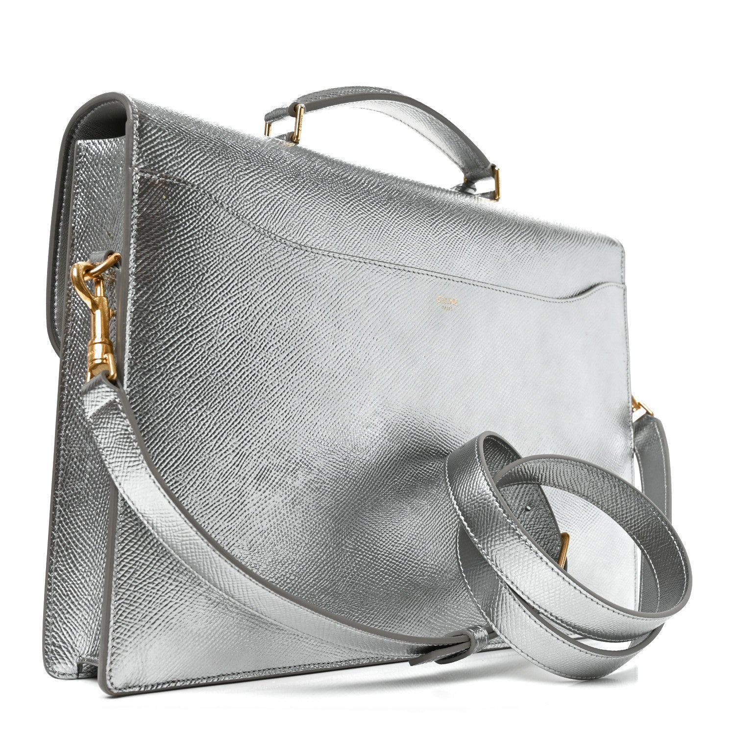 Celine Grained Calfskin Cartable Medium Briefcase Silver