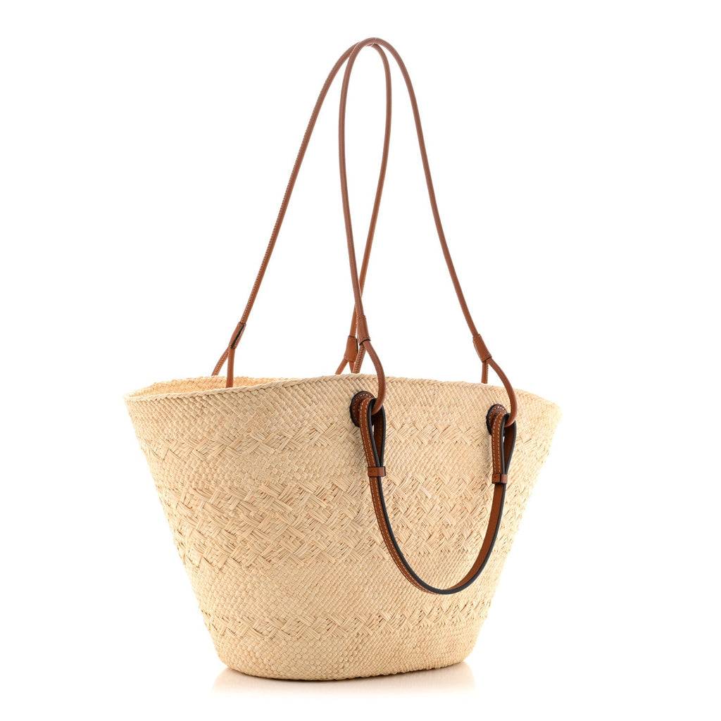Loewe Calfskin Raffia Paulas Ibiza Medium Anagram Basket Tote Bag Natural Tan