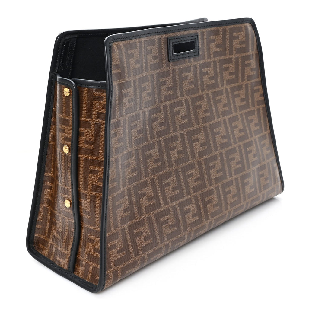 Fendi Glazed Fabric Vitello Century FF 1974 Stamp Patch Medium Peekaboo Defender Cover Mogano Panna Black