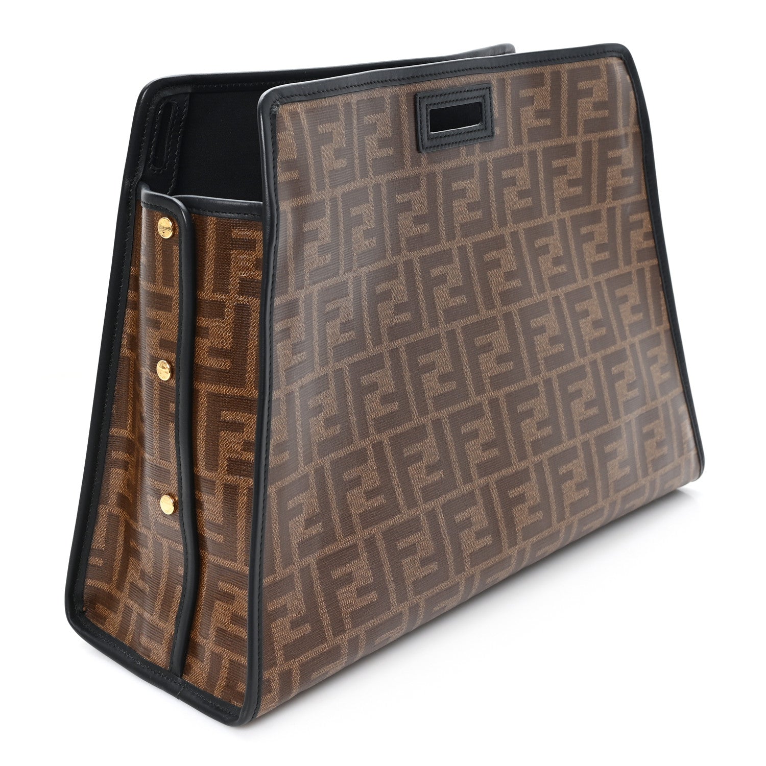 Fendi Glazed Fabric Vitello Century FF 1974 Stamp Patch Medium Peekaboo Defender Cover Mogano Panna Black