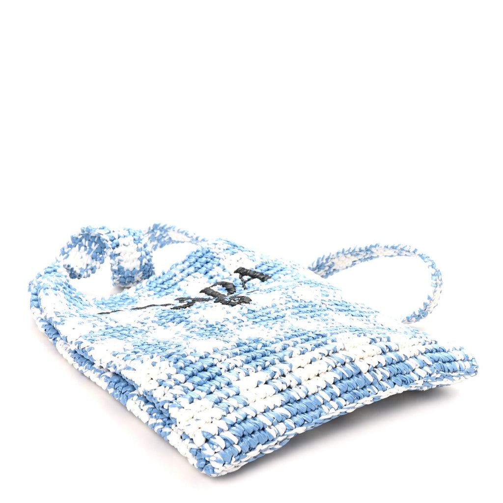 Prada Yarn Raffia Effect Crochet Embroidered Logo Tote Messenger Bag Celeste
