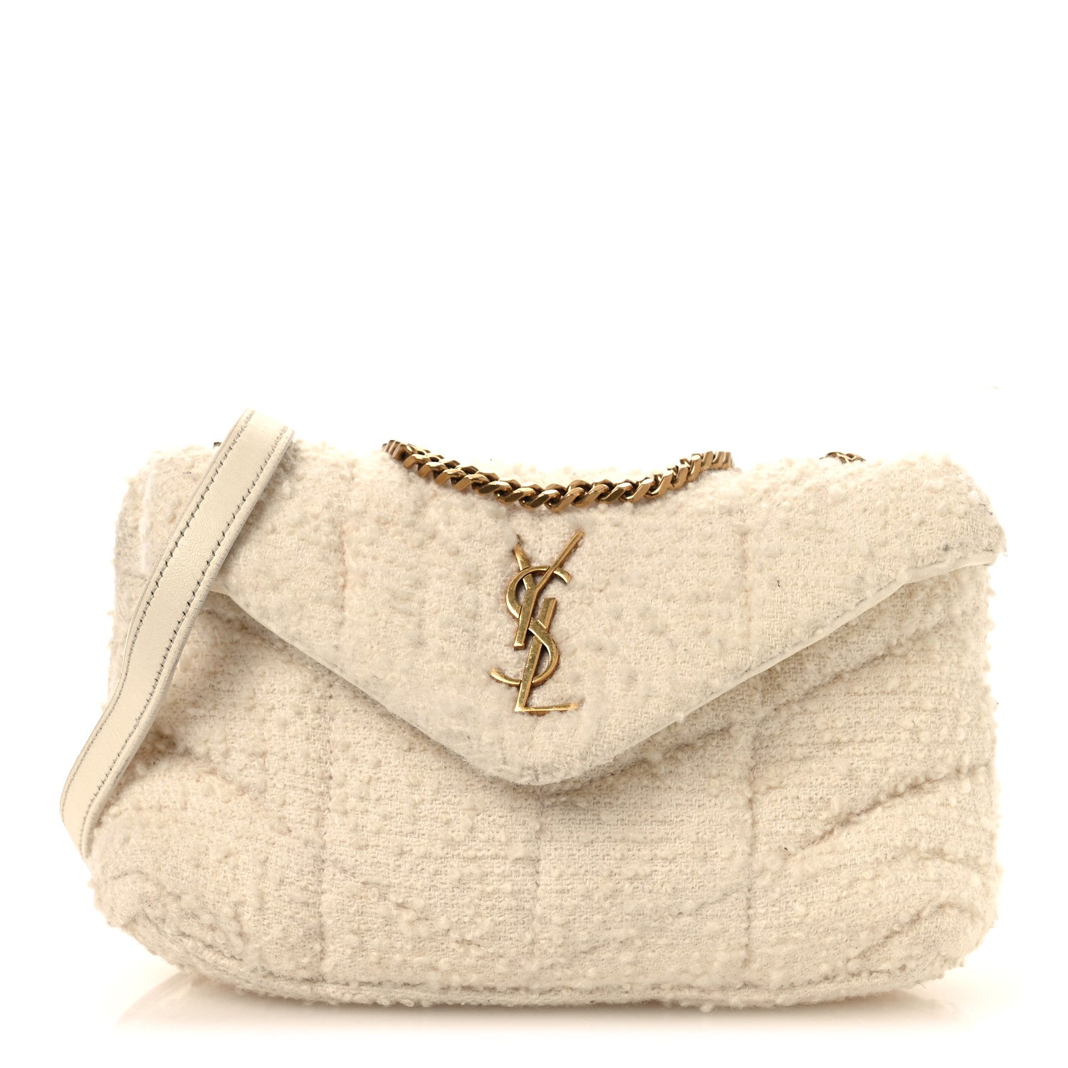 Saint Laurent Boucle Tweed Quilted Toy Loulou Puffer Monogram Chain Satchel Crema Soft