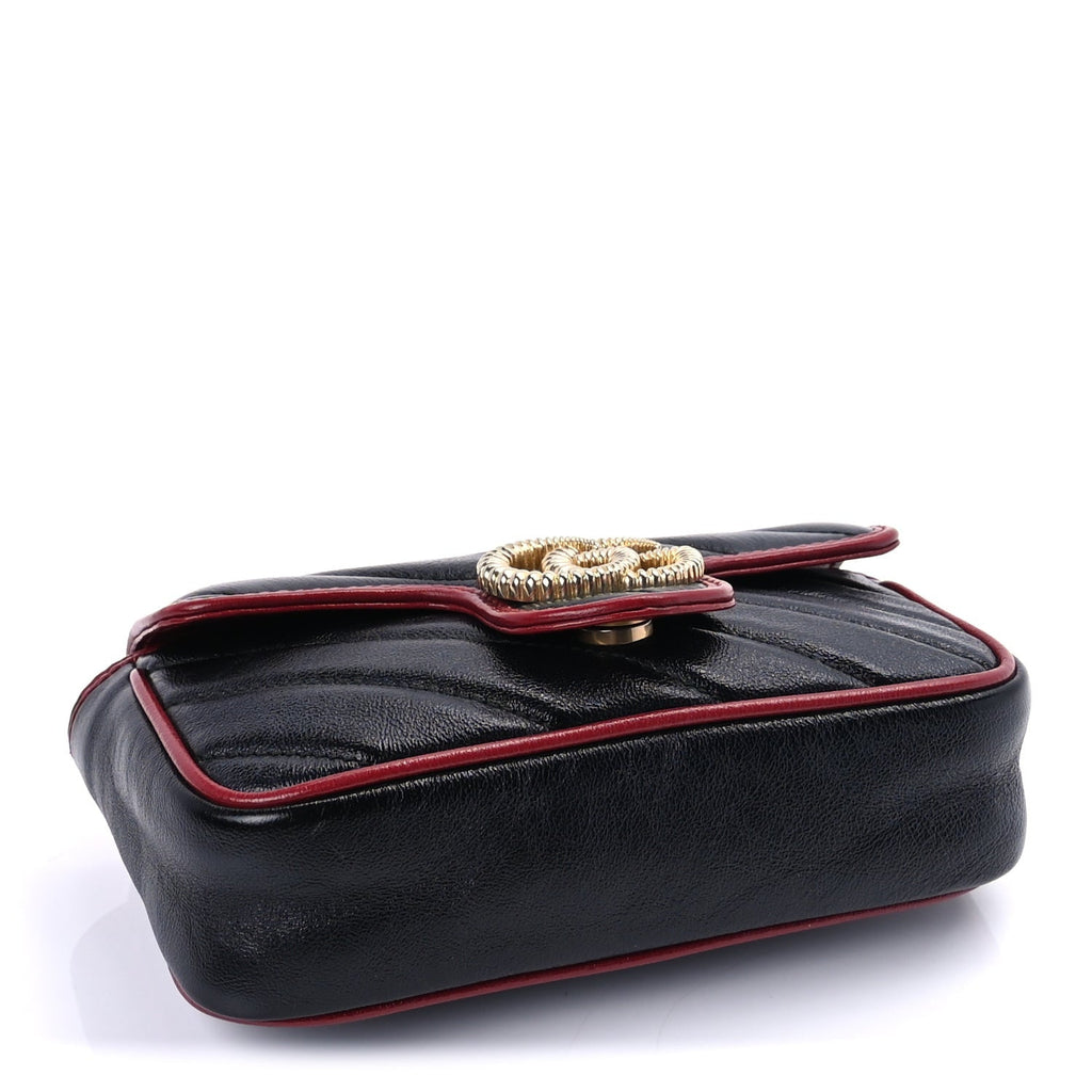 Gucci Vintage Effect Calfskin Matelasse Diagonal Super Mini Torchon GG Marmont Shoulder Bag Black Romantic Cherry