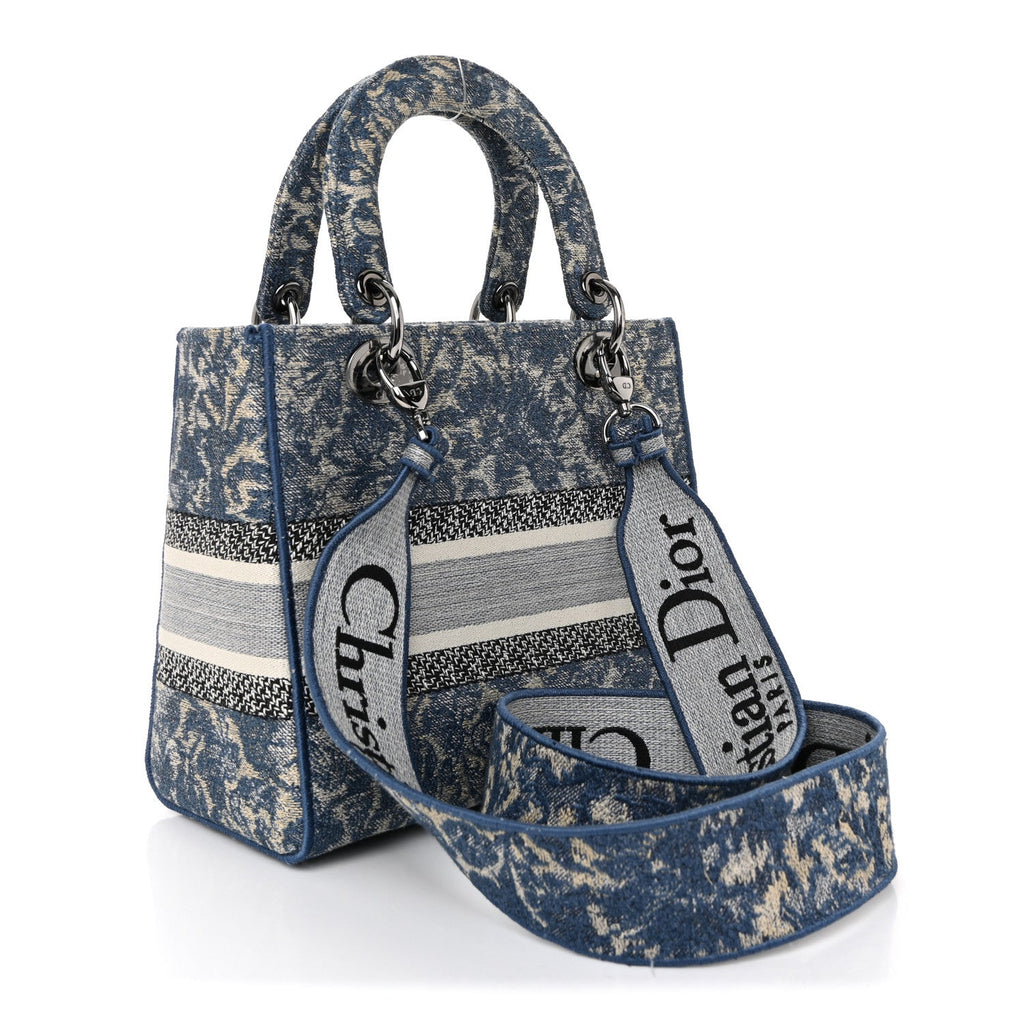 Dior Canvas Embroidered Brocart Medium Lady D-Lite Blue