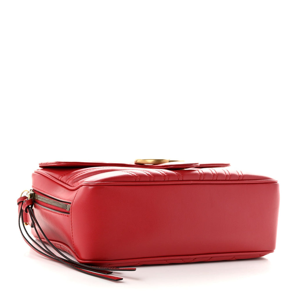 Gucci Calfskin Matelasse Sylvie Web Small GG Marmont Top Handle Shoulder Bag Hibiscus Red