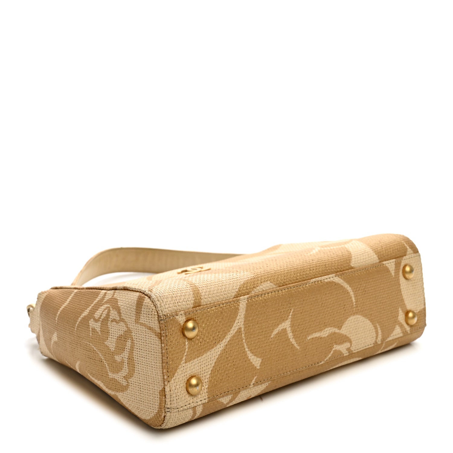 Chanel Woven Straw Camellia Print Shoulder Bag Gold
