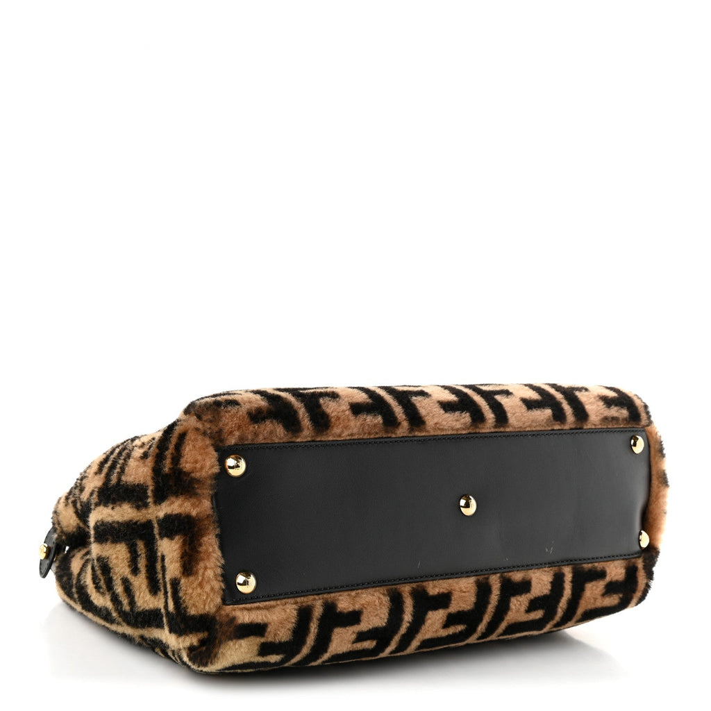 Fendi Shearling Vitello Vernice Mou Pequin Striped Medium Peekaboo Iconic Satchel Tobacco Black