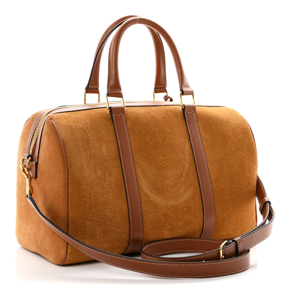 Celine Waxed Suede Calfskin Large Boston Bag Tobacco