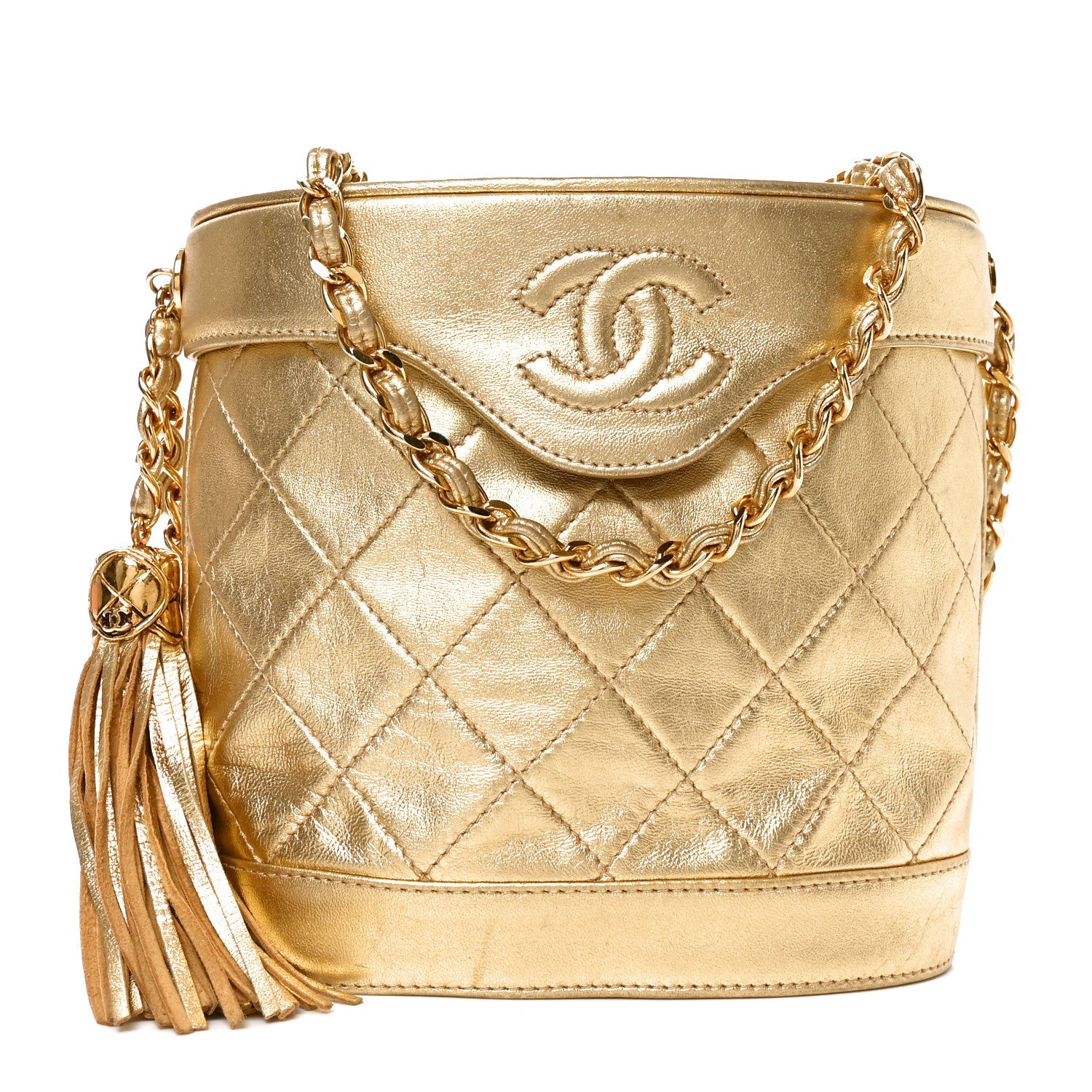 Chanel Metallic Lambskin Quilted Tassel Shoulder Bag Gold