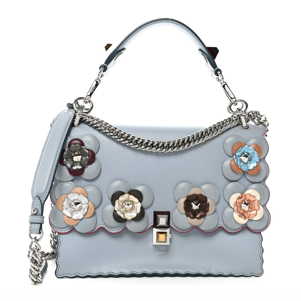 Fendi Vitello Liberty Lucido Flowerland Scalloped Studded Kan I Shoulder Bag Azzurro Polvere Multicolor