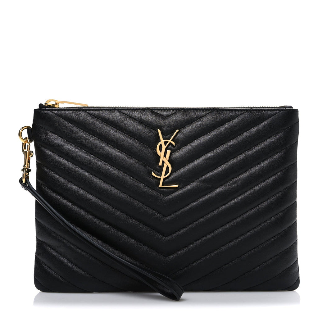 Saint Laurent Calfskin Matelasse Chevron Monogram A5 Wristlet Black