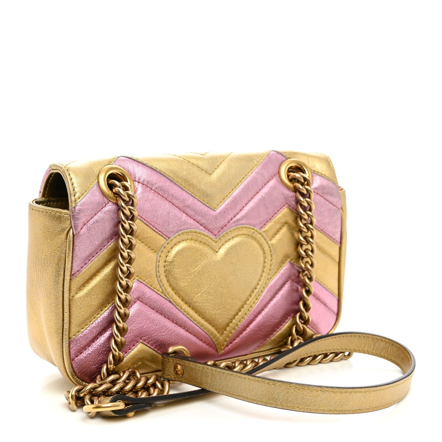 Gucci Metallic Calfskin Matelasse Mini GG Marmont Shoulder Bag Gold Pink