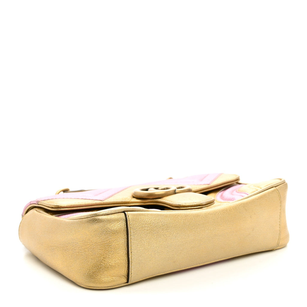 Gucci Metallic Calfskin Matelasse Mini GG Marmont Shoulder Bag Gold Pink