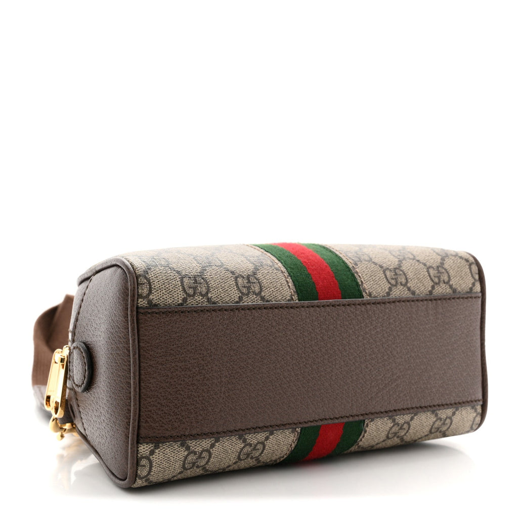 Gucci GG Supreme Monogram Textured Dollar Calfskin Web Mini Ophidia Top Handle Bowler Bag Beige Ebony New Acero