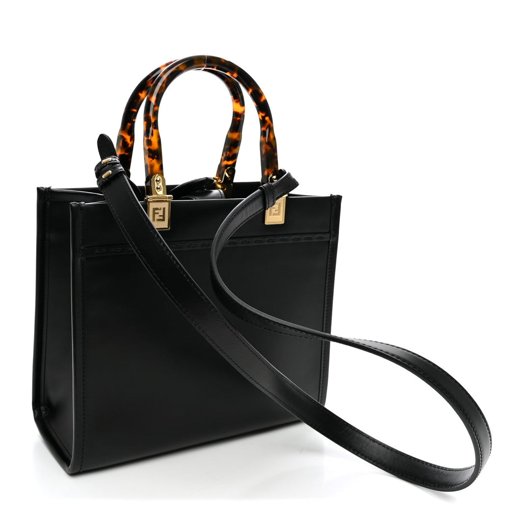 Fendi Vitello King Plexiglass Logo Embossed Small Fendi Sunshine Shopper Tote Black